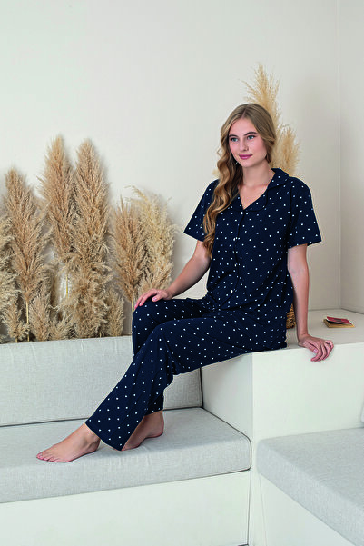 FORMO Kadın %100 Doğal Pamuk Kalpli Gömlek Yaka Kısa Kollu Kaliteli Pijama Takımı