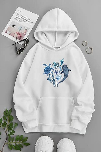 CLAYES Unisex White Hooded Sweatshirt – Sea Animals, Printed Thick Fabric