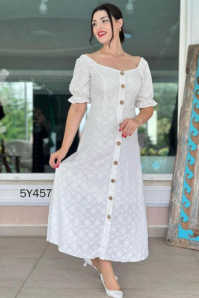 İnce Topuk Front Button Short Sleeve Brode Dress 5Y457