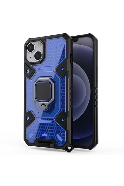 Bibilel Honeycomb Armor Protective Case for iPhone 13, Metal Ring, Auto Magnet, Black Blue