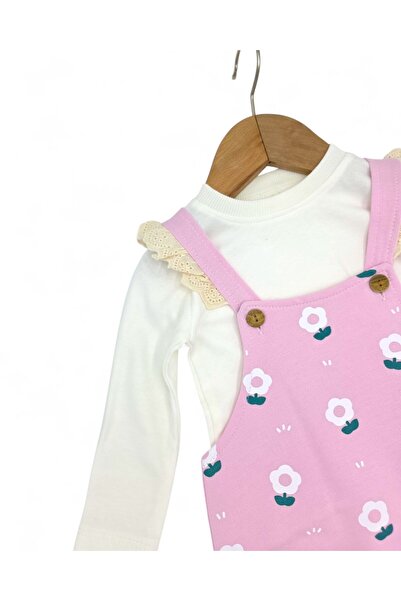 Ege Bebek Baby Girl 6-24 Months Daisy Printed 2 Piece Gardener Salopet Jumpsuit and Underwear Jumpsuit Set Set