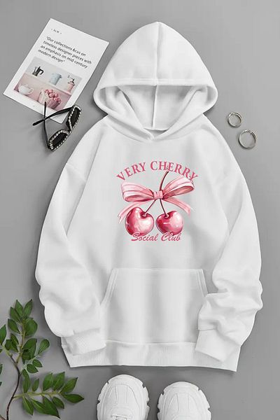 CLAYES Unisex White Hooded Sweatshirt – Very Cherry, Printed Hooded Thick Fabric