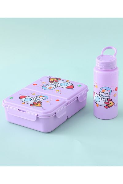Fab N Funky Kids Lunch Box and Water Bottle Set with Spoon, Space Cat Theme, 3 Compartments - Purple