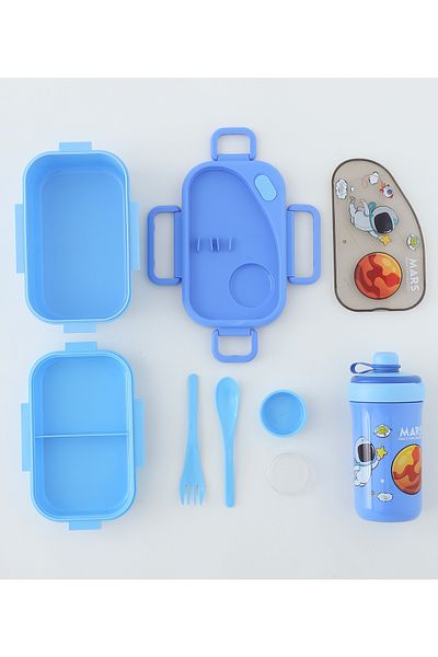 Fab N Funky Kids Lunch Box and Water Bottle Set with Accessories, Astronaut Theme - Blue