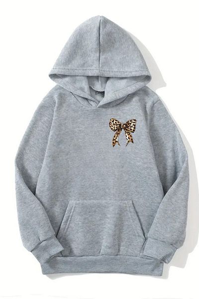 CLAYES Unisex Gray Hooded Sweatshirt – Minimal Leopard Ribbon, Thick Fabric with Embossment