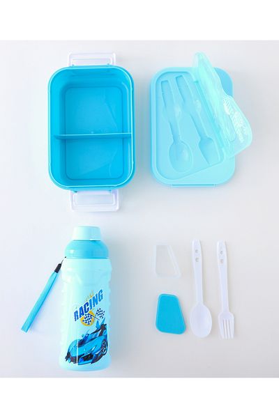 Fab N Funky Kids Lunch Box with Water Bottle and Accessories, Car Theme, Durable- Blue