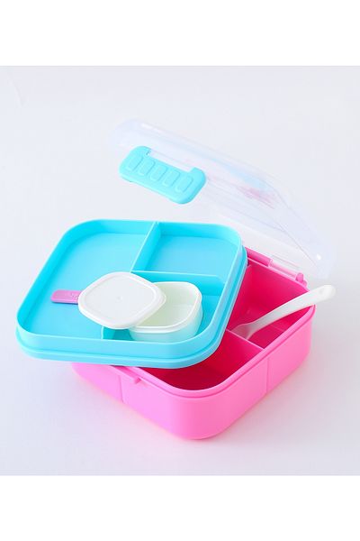 Fab N Funky Kids Lunch Box with Cutlery and Container, Healthy Theme, Organized, Portable - Blue and Pink