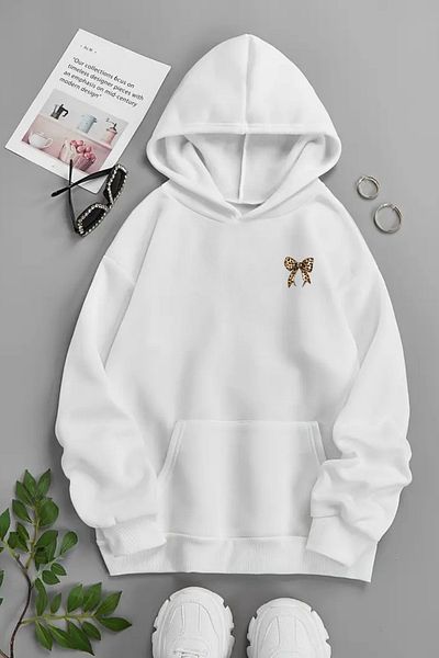 Sweetline Hanorac alb unisex cu glugă – panglici minimaliste de leopard, țesătură groasă cu șapcă imprimată