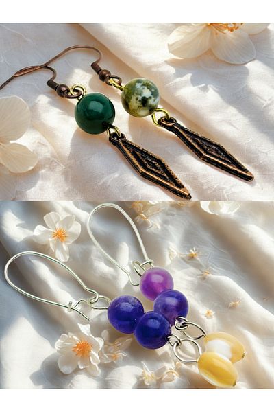 ayrestyle Indian Akiki & Amethyst Natural Stone 2-Piece Dangle Dark Copper Color Zamak Plated Long Earrings
