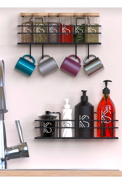 EGE HOME STORE Mutfak rafı 2 li set yapışkanlı lüx modern siyah metal baharat...