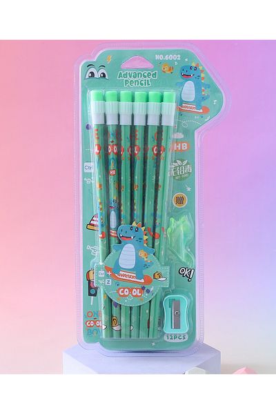 Fab N Funky Dino Theme HB Pencils With Sharpener and Pencil Grip, Ergonomic Design, Green - 14 Pieces
