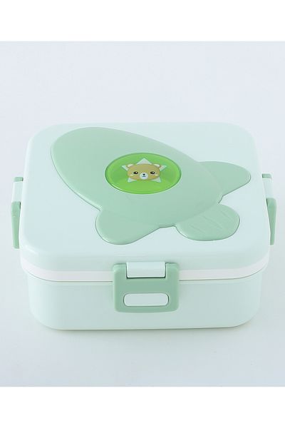 Fab N Funky Kids Lunch Box with Cutlery and Container, Teddy Bear Theme, Spacious - Green