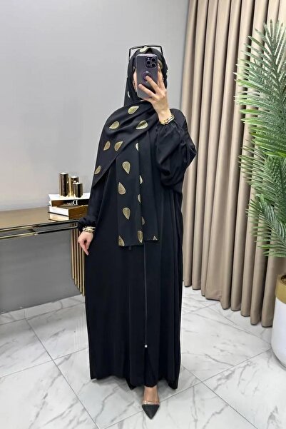 Generic Brand عباءة شاللي دبي من قماش الكريب للنساء، ذهبية اللون، بسحاب طويل،...