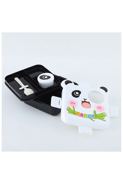 Fab N Funky Kids Lunch Box w/ Spoon, Tray and Side Dish Container, Panda Theme - White and Black