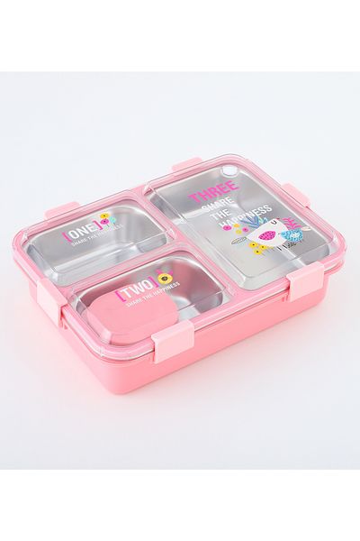 Fab N Funky Kids Lunch Box with Cutlery and Container, Bird Theme, Spacious - Pink