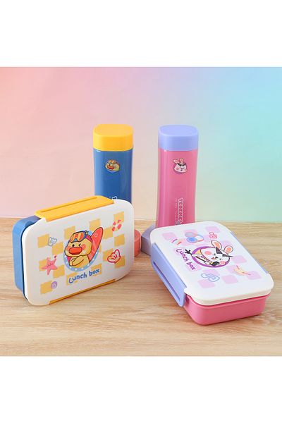 Fab N Funky Kids Lunch Box and Water Bottle Set with Spoon, Bunny Theme, Dual Compartment - Pink and Blue