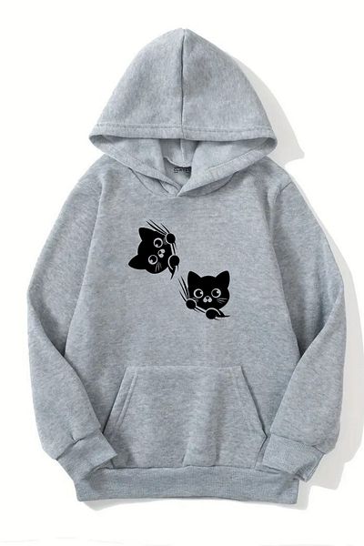 Sweetline Unisex Gray Hooded Sweatshirt – Curious Cats Printed, Thick Fabric with Hood