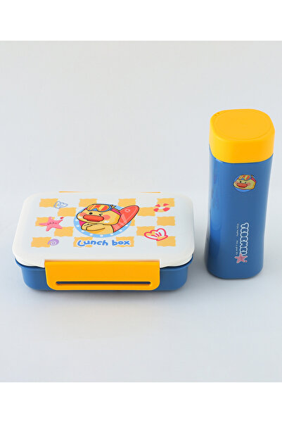 Fab N Funky Kids Lunch Box and Water Bottle Set with Spoon, Duck Theme, Dual Compartment - Blue and Yellow