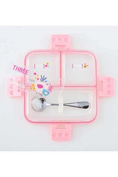 Fab N Funky Kids Lunch Box with Cutlery and Container, Bird Theme, Organized, Durable - Pink