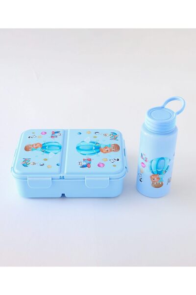 Fab N Funky Kids Lunch Box with Spoon and Water Bottle, Animal Theme, Durable, Leak Proof - Blue