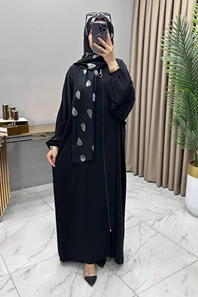 Generic Brand عباءة شاللي دبي من قماش الكريب للنساء، فضية اللون، بسحاب كامل، ...