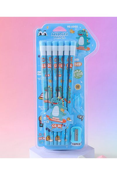 Fab N Funky Dino Theme HB Pencils With Sharpener and Pencil Grip, Ergonomic Design 5 Years+, Blue - 14 Pieces