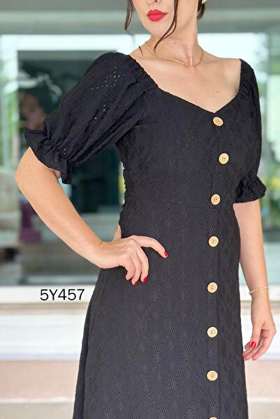 İnce Topuk Короткий рукав з ґудзиками спереду Броде сукня 5y457