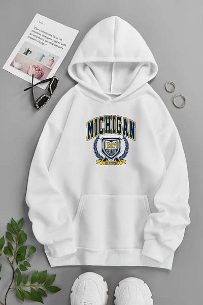 CLAYES Unisex White Hooded Sweatshirt – Michigan Explore, Printed Thick Fabric