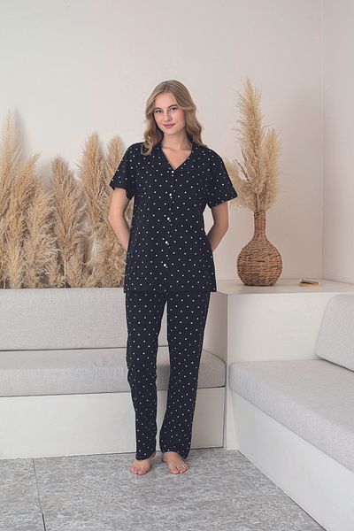 Line Smart Women's 100% Natural Cotton Heart Shirt Collar Short Sleeve Pajamas Set