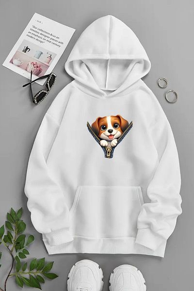 VBSVİBES Unisex White Hooded Sweatshirt – Zip Dog, Printed Thick Fabric
