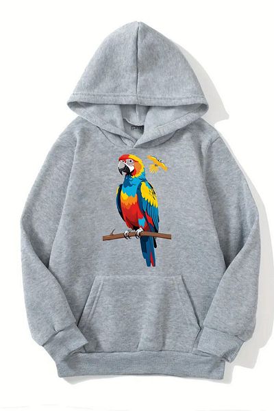 CLAYES Unisex Gray Hooded Sweatshirt – Parrot Printed, Thick Fabric with Hood