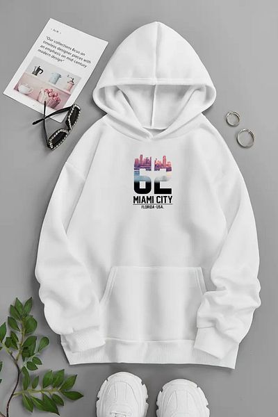 CLAYES Unisex White Hooded Sweatshirt – Miami City 62, Printed Thick Fabric