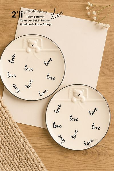 Anadolu Saray 2 Pieces Love Themed Ceramic Lying Bear Shaped Design Handmade Cake Plate Dessert Breakfast Cake Plate