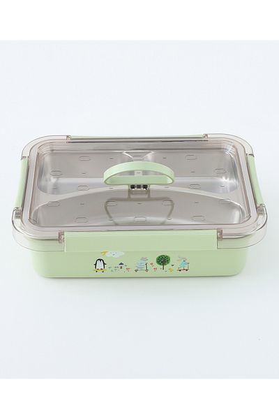 Fab N Funky Kids Lunch Box with Tray, Animal Town Theme, Organized, Durable - Green