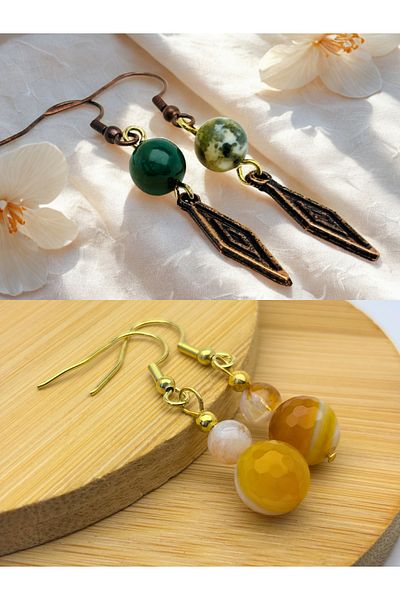 ayrestyle Indian Agate & Agate & Citrine Natural Stone 2-Piece Dangle Dark Copper Color Zamak Plated Long Earrings