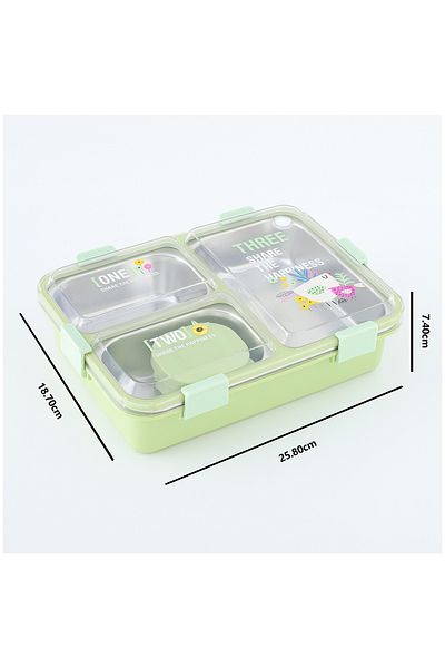 Fab N Funky Kids Lunch Box with Cutlery and Container, Bird Theme, Spacious - Green