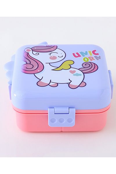 Fab N Funky Kids Lunch Box with Cutlery and Container, Unicorn Theme, Spacious, Organized - Blue and Pink