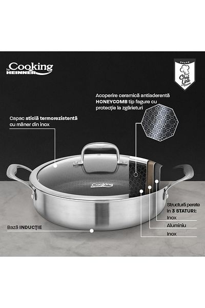 Cooking by Heinner Stainless steel saucepan with lid, size 30x7.8 cm, 4.8 l, HONEYCOMB ceramic coating, Heinner Titanium