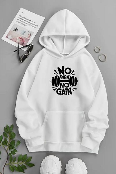 CLAYES Unisex White Hooded Sweatshirt – No Pai̇n No Gai̇n, Printed Thick Fabric