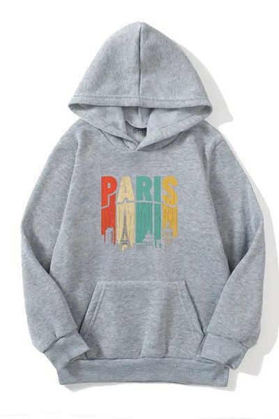 VBSVİBES Unisex Gray Hooded Sweatshirt – Colorful Paris Printed, Raised Thick Fabric