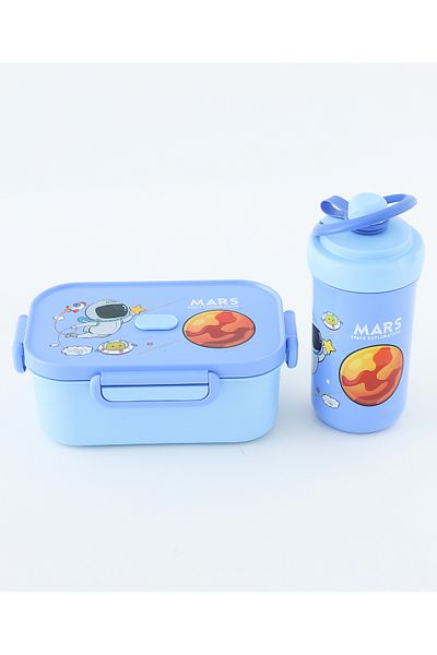 Fab N Funky Kids Lunch Box and Water Bottle Set with Accessories, Astronaut Theme - Blue