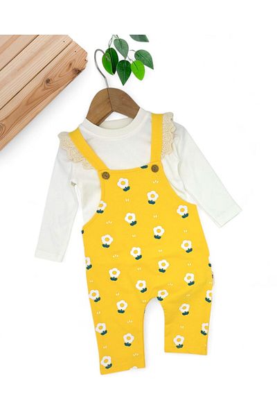 Ege Bebek Baby Girl 6-24 Months Daisy Printed 2 Piece Gardener Salopet Jumpsuit and Underwear Jumpsuit Set Set