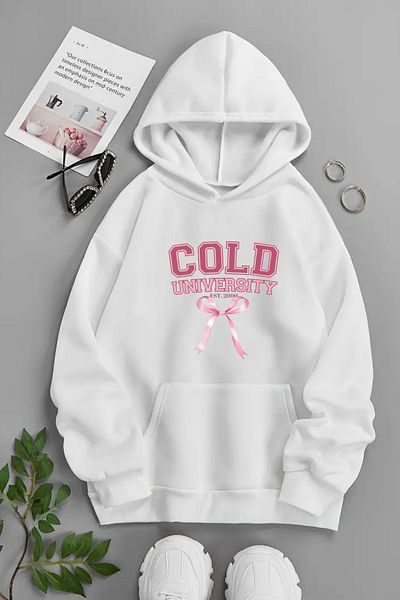 CLAYES Unisex White Hooded Sweatshirt – Cold University, Printed Thick Fabric