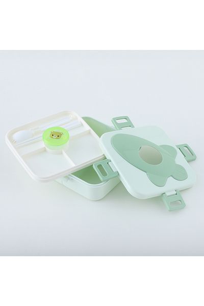 Fab N Funky Kids Lunch Box with Cutlery and Container, Teddy Bear Theme, Spacious - Green