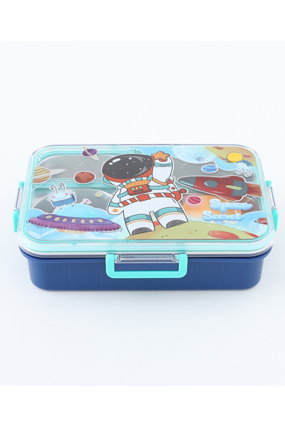 Fab N Funky Kids Lunch Box with Cutlery and Container, Astronaut Theme, Spacious, Organized, Durable - Blue