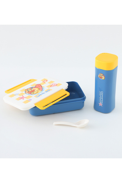 Fab N Funky Kids Lunch Box and Water Bottle Set with Spoon, Duck Theme, Dual Compartment - Blue and Yellow