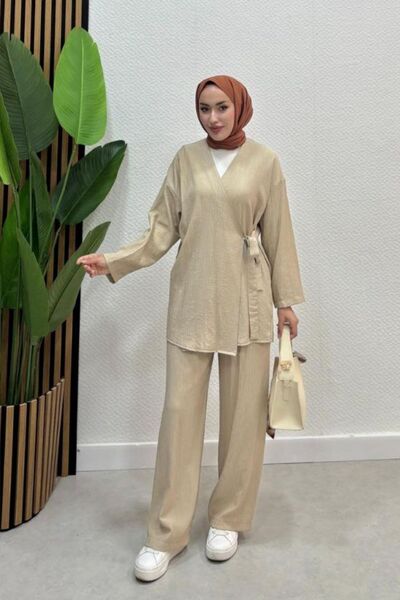 ZeroGap Kadın Çapraz Bağlamalı Keten Kimono Tesettür Pantolon Takım