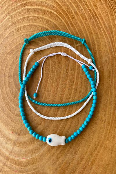 Shepidi 3 Pcs White Fish and Beads Blue and White String Anklet