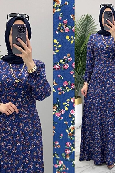 Mercan HİRA ELBİSE Belmando Kumaş Çiçekli Tesettür Elbise Koyu Mavi