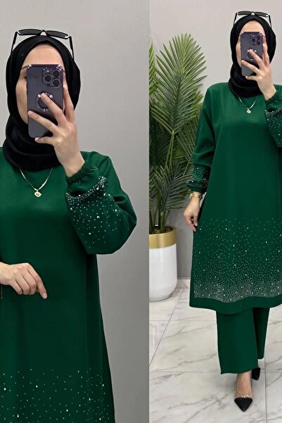 ALYA Stone Detail 2-Piece Merve Set Hijab 2-Piece Combination Stone Detailed Stylish Tunic Trousers